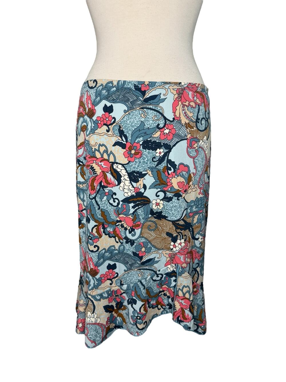BCBG Vintage Y2K Paisley Floral Pull On Skirt Size Medium Pink Blue Asian Midi